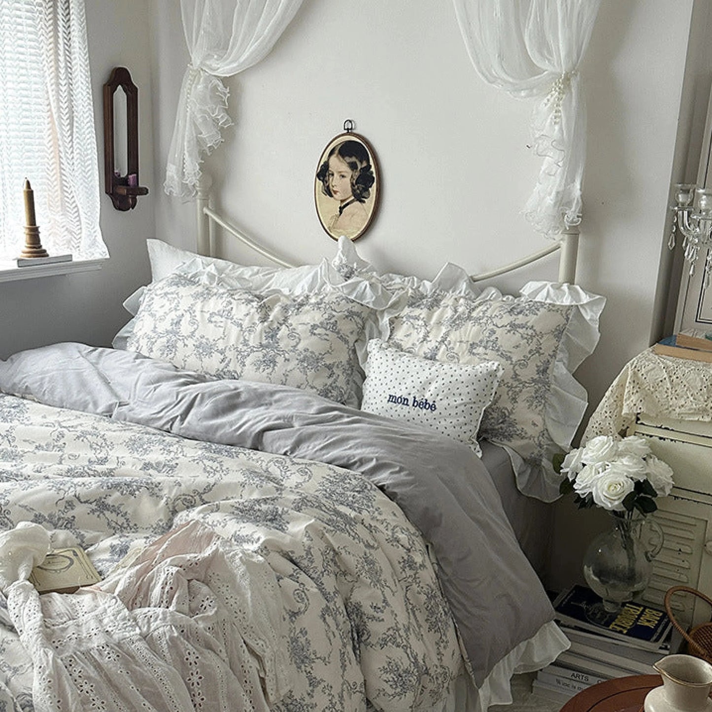 VibeCore Gray Ruffled French Toile Duvet Cover Set Side View