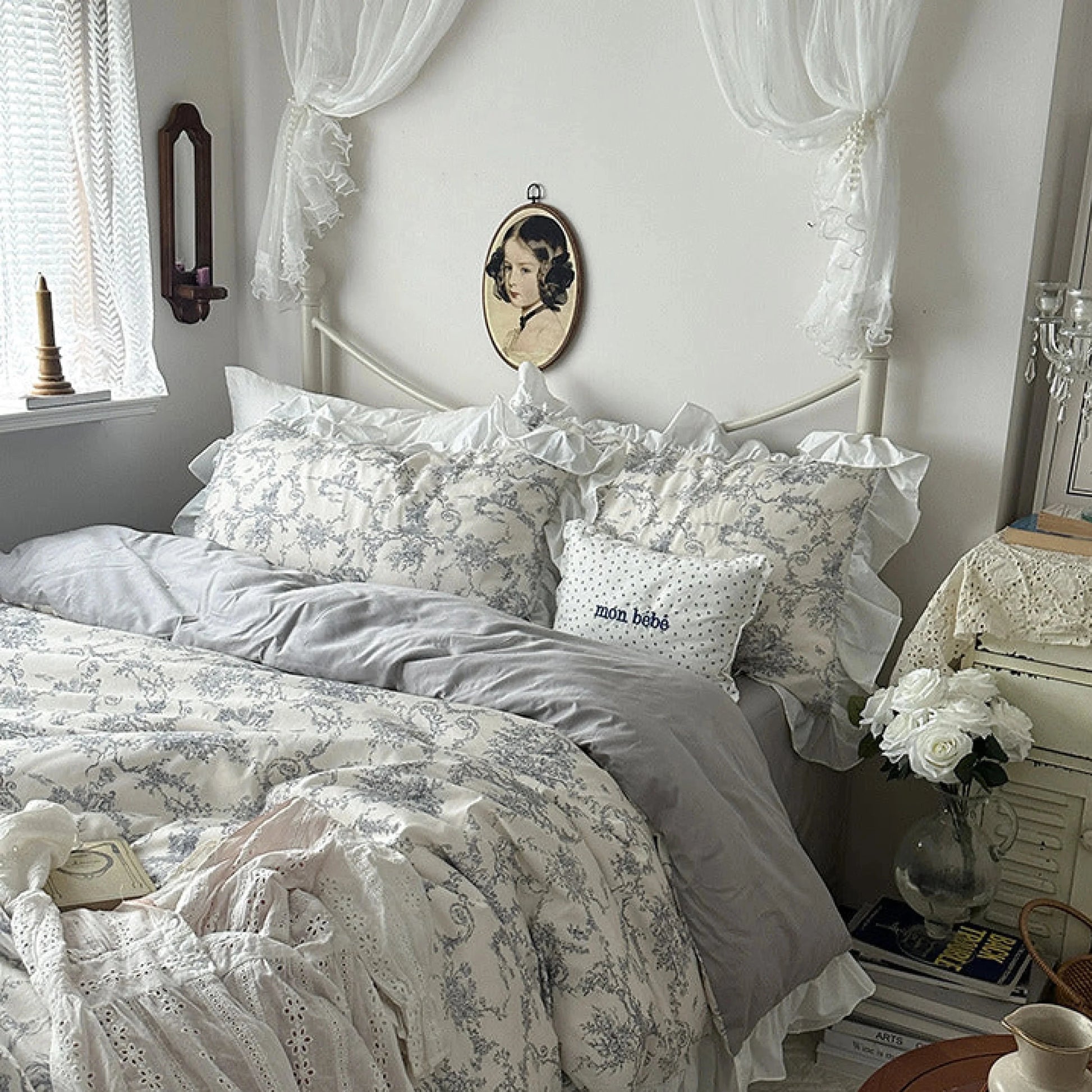 VibeCore Gray Ruffled French Toile Duvet Cover Set Side View