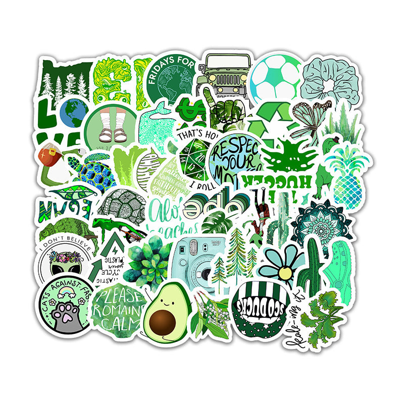 VibeCore Green Dream Stickers featuring nature-inspired designs with plants, leaves, and earthy patterns, ideal for decorating laptops, phone cases, water bottles, and more with a touch of greenery.