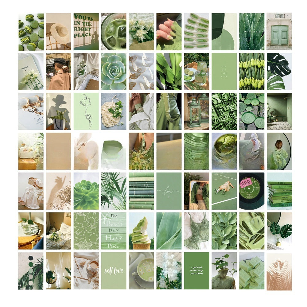 VibeCore Green Queen Wall Collage Kit featuring 70 lush green prints in pastel, matcha, and nature-inspired tones. Perfect for dorm room, bedroom, green decor, modern aesthetic, calming nature vibes, fresh wall art, and personalized collage styling.