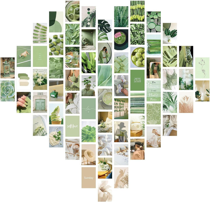 VibeCore Green Queen Wall Collage Kit showcasing half the posters featuring 70 lush green prints in pastel, matcha, and nature-inspired tones. Perfect for dorm room, bedroom, green decor, modern aesthetic, calming nature vibes, fresh wall art, and personalized collage display.