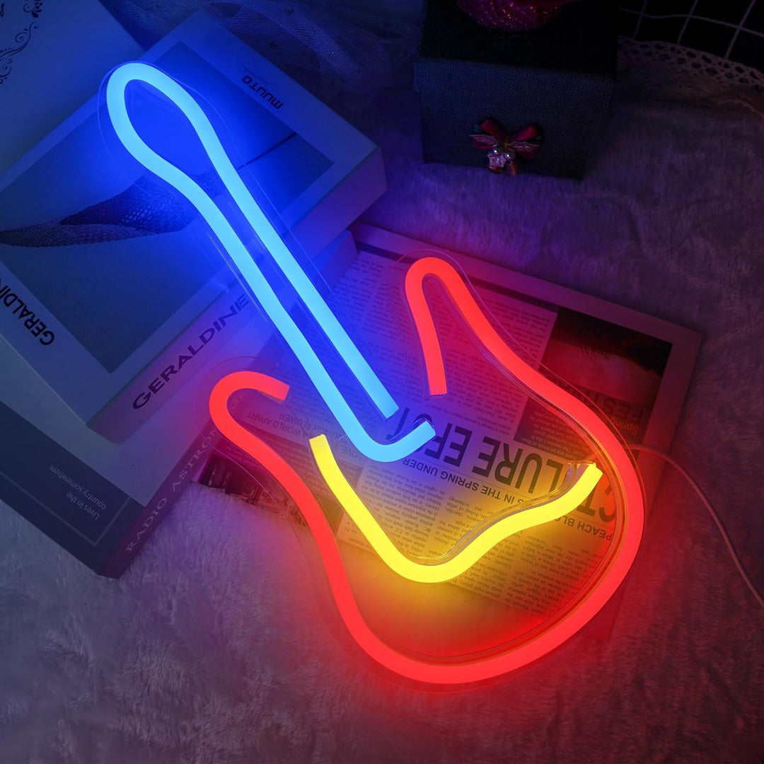 VibeCore Guitar Neon Light glowing, adding a rock-and-roll touch to a modern room with vibrant colors.
