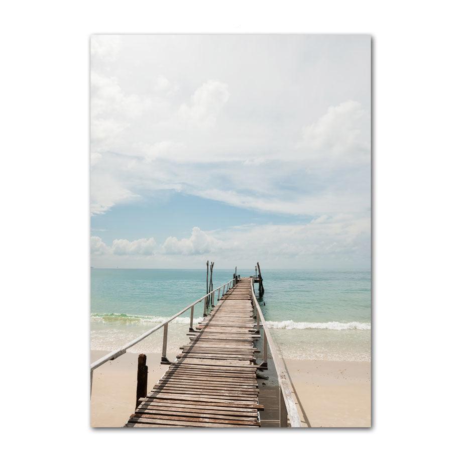 VibeCore Happy Day Canvas Prints Option B: wooden dock going into the ocean from a beach