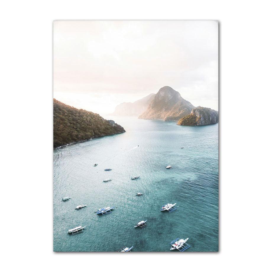 VibeCore Happy Day Canvas Prints Option G: boats on ocean by lush mountains