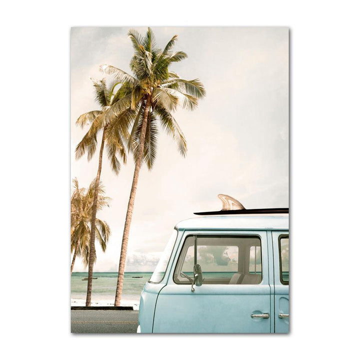 VibeCore Happy Day Canvas Prints Option H: Blue van and palm tree by ocean