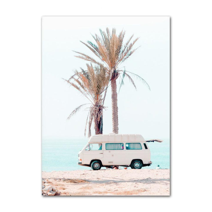 VibeCore Happy Day Canvas Prints Option J: white van under palm tree by ocean