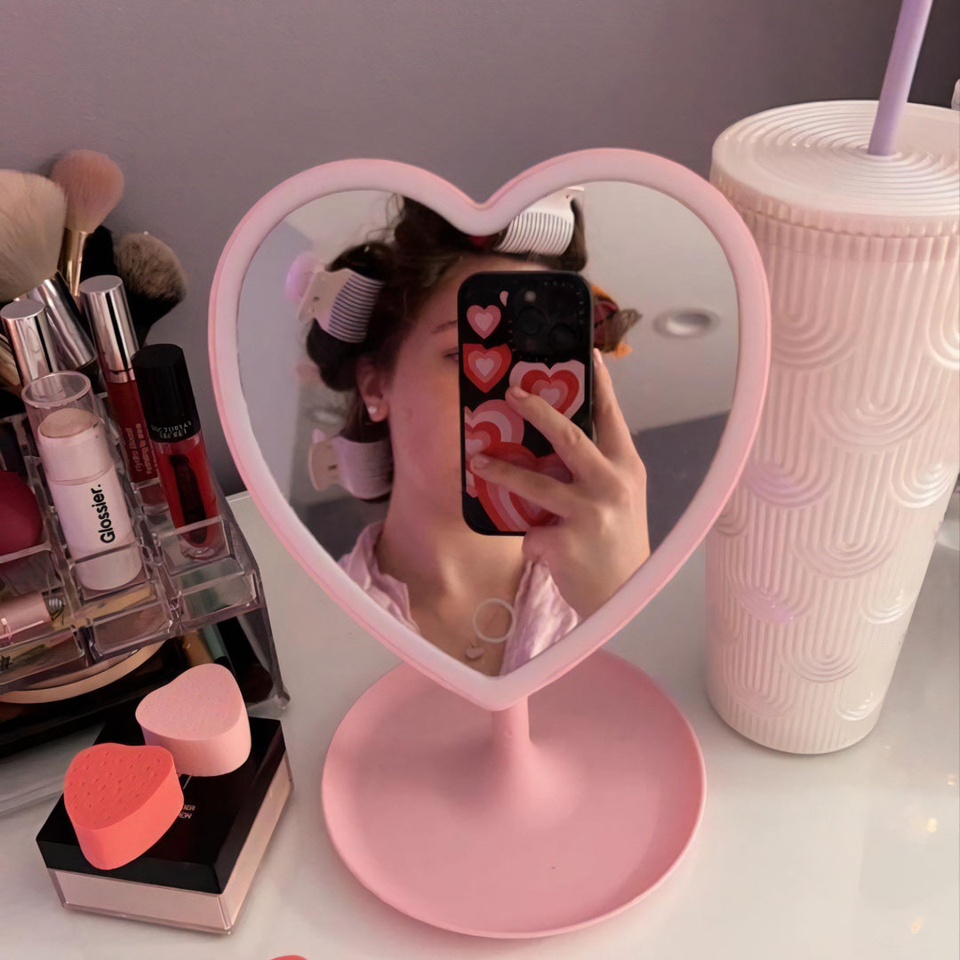 VibeCore Heart LED Makeup Mirror Light Pink Girl Taking Selfie