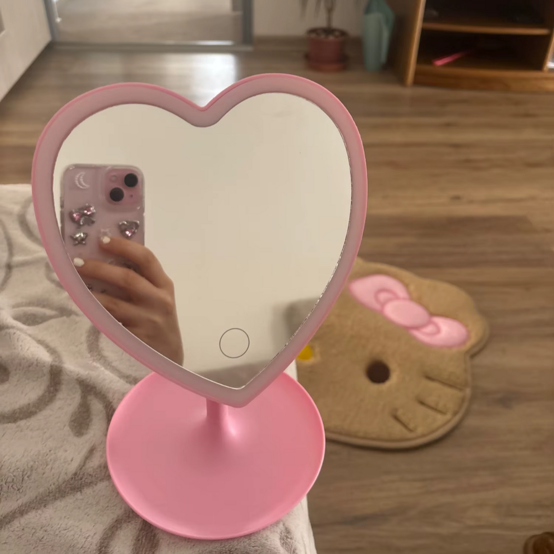 VibeCore Heart LED Makeup Mirror Light Pink Girl Taking Selfie In Corner
