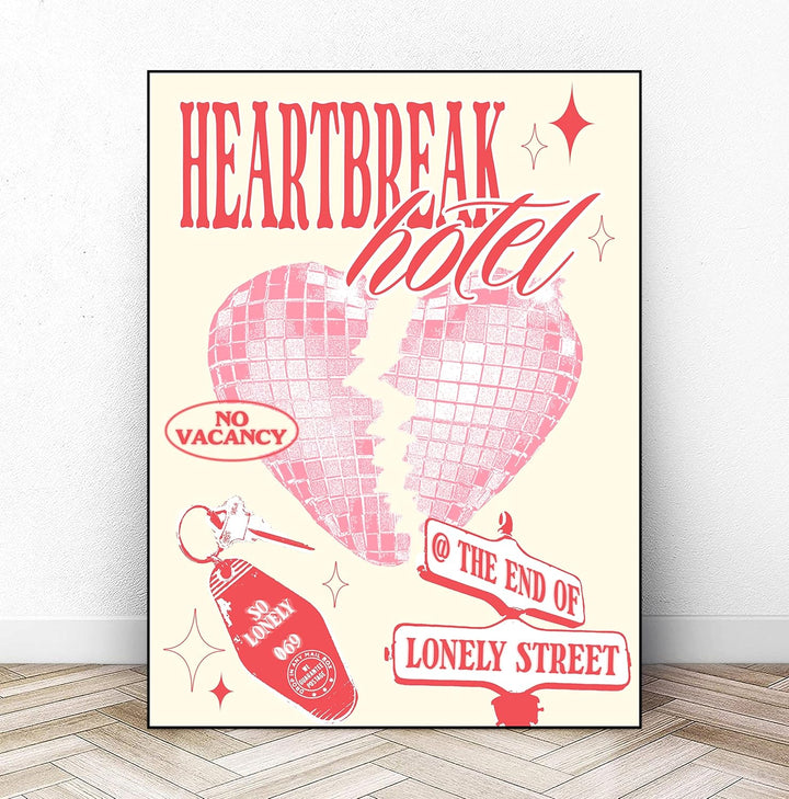 VibeCore Heartbreak Hotel Canvas Print Framed Leaning Against Pink Wall