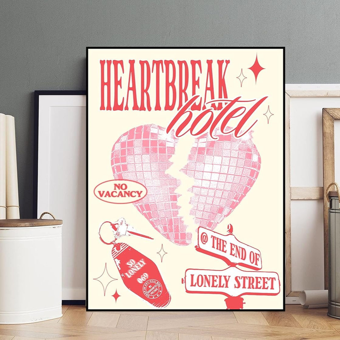 VibeCore Heartbreak Hotel Canvas Print Framed Leaning Against Wall