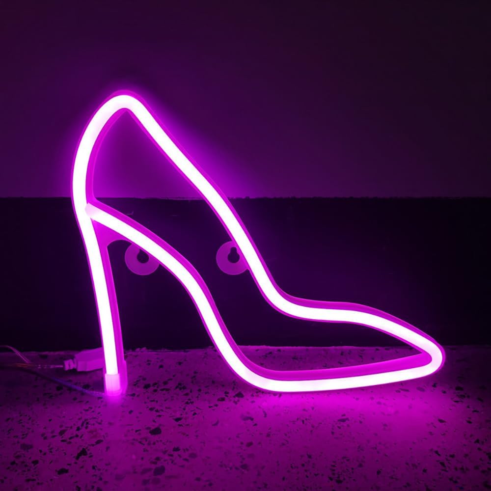 VibeCore High-Heel Neon Light in Pink, creating a chic and vibrant glow, ideal for elevating your space with a fashionable touch.