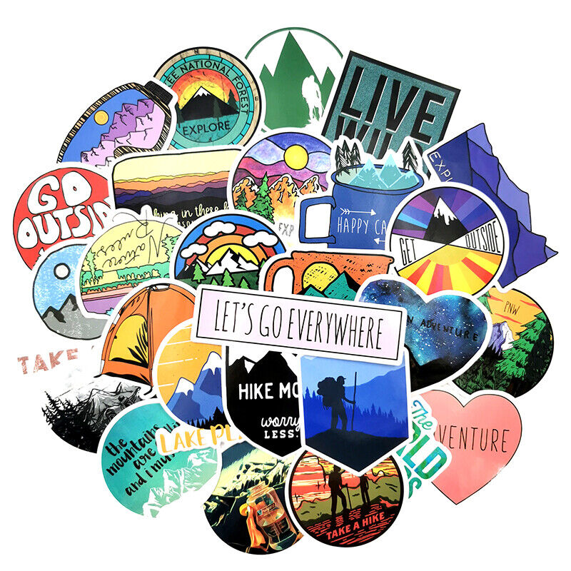 VibeCore Hiking and Mountains Stickers Circular Cluster featuring mountain landscapes, adventure quotes, nature, outdoor exploration, hiking, rugged terrains, and wanderlust.