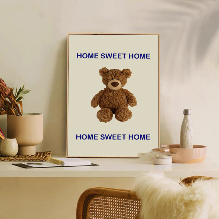 VibeCore Home Sweet Home Teddy Canvas Print Framed Resting On Desk Against Wall