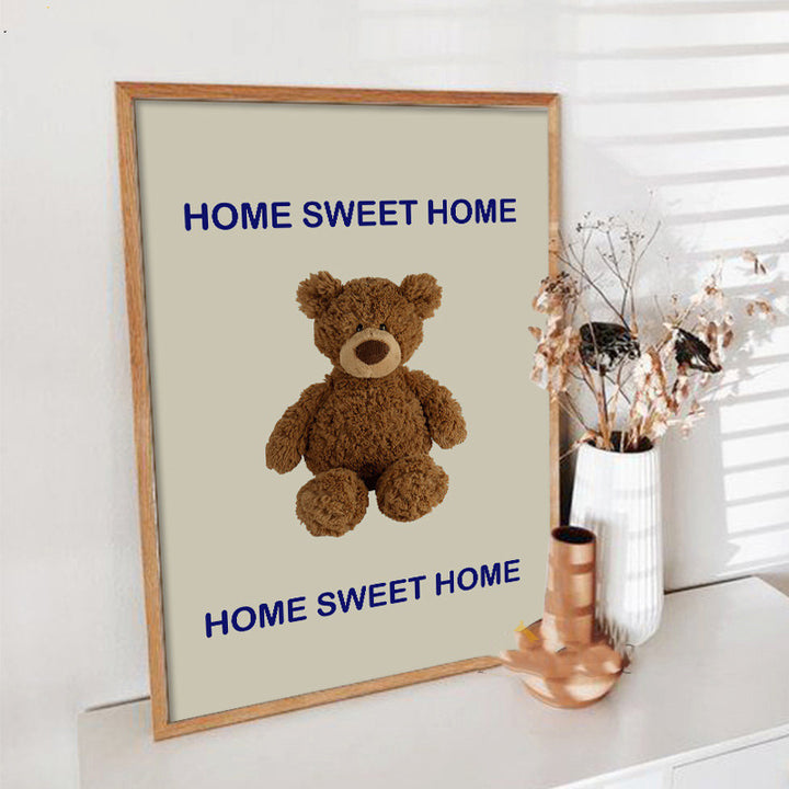 VibeCore Home Sweet Home Teddy Canvas Print Framed On Console Table Resting Against Wall