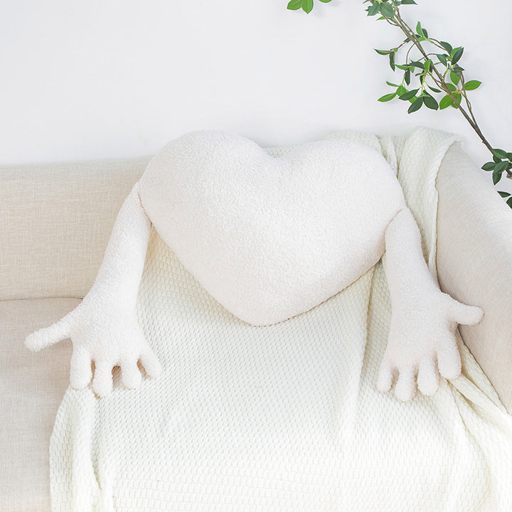 VibeCore Hug From The Heart Decorative Pillow in white, showcasing a heart shape with cozy arms made from plush PP cotton. A soft, loving accent that adds warmth, comfort, and a playful touch to your bed, couch, or any space.