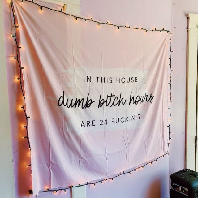 VibeCore In This House Tapestry Baby Pink On College Wall