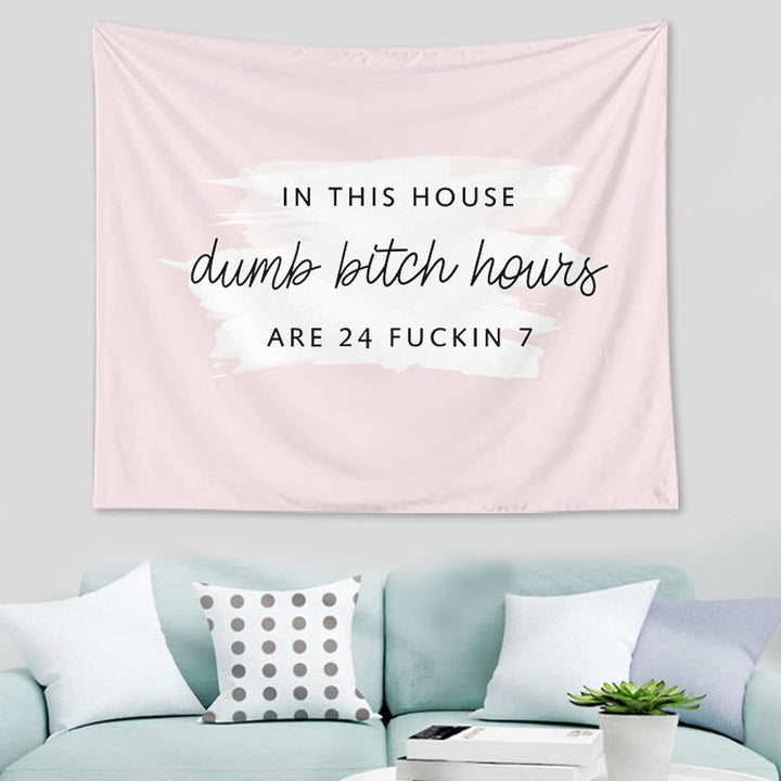 VibeCore In This House Tapestry Baby Pink On Wall Above Couch