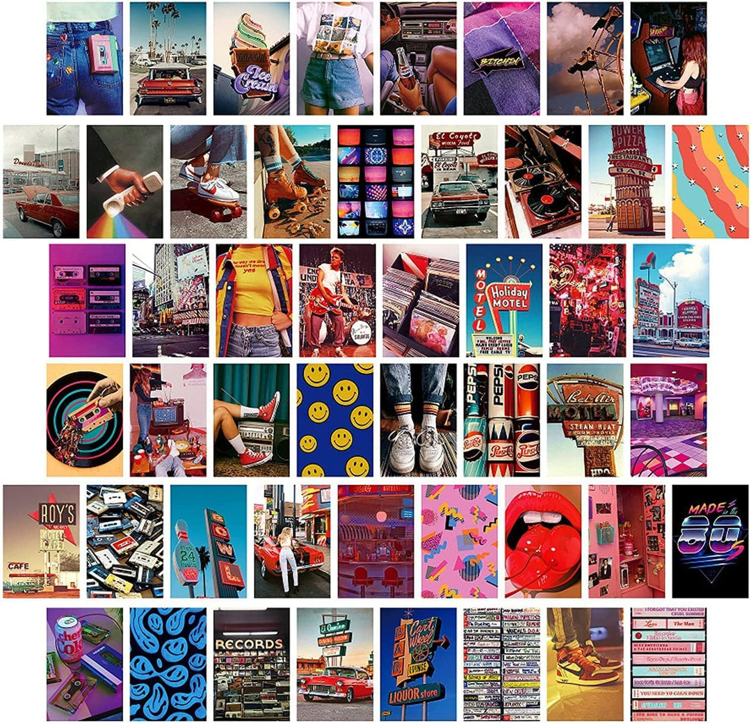VibeCore Indie Kid Wall Collage Kit featuring 50 colorful, eclectic prints capturing indie, VSCO girl, and hippie aesthetics. Perfect for dorm room, bedroom, indie decor, hippie vibes, VSCO girl style, vibrant wall art, boho decor, and creative room styling.