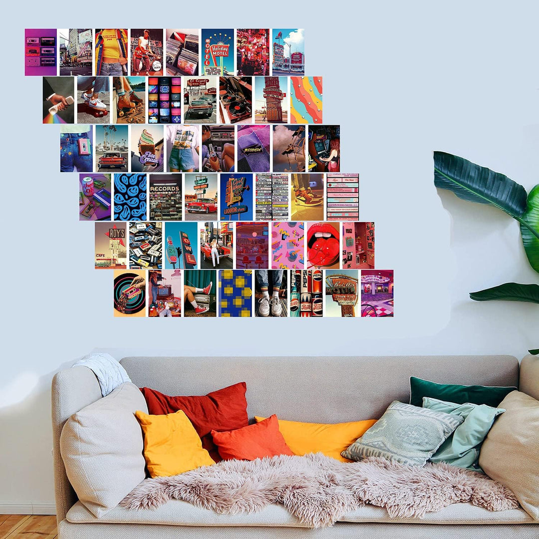 VibeCore Indie Kid Wall Collage Kit above couch featuring 50 colorful, eclectic prints capturing indie, VSCO girl, and hippie aesthetics. Perfect for boho decor, indie vibes, hippie art, vibrant wall decor, creative living room styling, and personalized wall art.