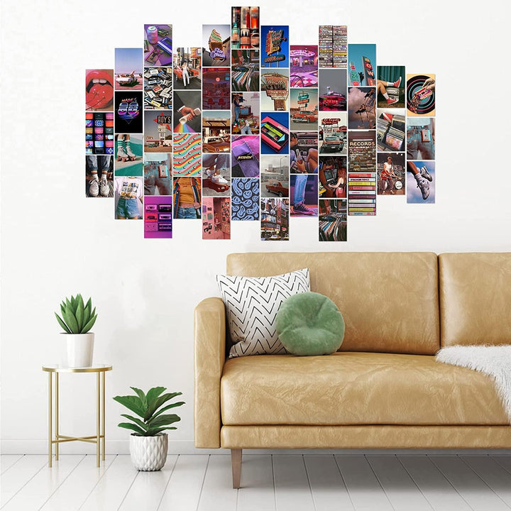VibeCore Indie Kid Wall Collage Kit in living room featuring 50 colorful, eclectic prints capturing indie, VSCO girl, and hippie aesthetics. Perfect for boho decor, indie vibes, hippie art, creative wall styling, vibrant living room decor, and personalized artistic space.