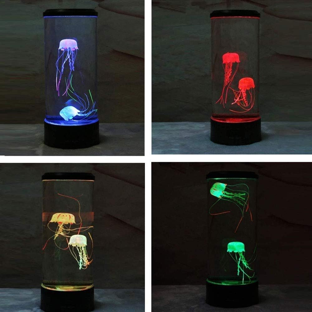 VibeCore Jellyfish Lava Lamp displaying four different light colors: Blue, Green, Yellow, and Red. Each lamp features two lifelike jellyfish floating inside, creating a calming, soothing ambiance. The color-changing LED lights allow for easy customization, making it perfect for relaxation or study. USB or battery-powered, the lamp includes a remote control for convenient adjustments.