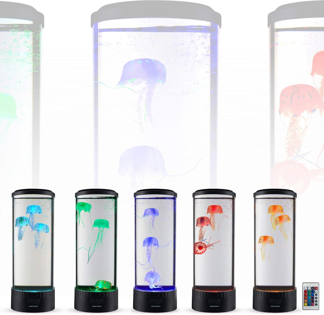 VibeCore Jellyfish Lava Lamp showcasing various light colors, including Blue, Green, Purple, Red, and Orange. Each lamp features two lifelike jellyfish floating inside, offering a calming, soothing glow that can be customized via remote control. USB or battery-powered, this lamp creates a peaceful ambiance perfect for relaxation, study, or mood lighting.