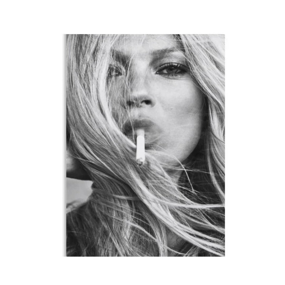 VibeCore Kate Moss Canvas Prints Option C: Black and white photo of Kate moss close up smoking a cigarette