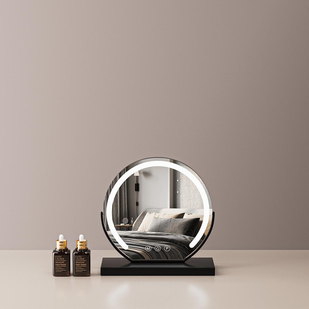 VibeCore LED Light-Up Vanity Mirror in black, small size, with a sleek metal frame, adjustable LED lighting, and touch-sensitive controls.