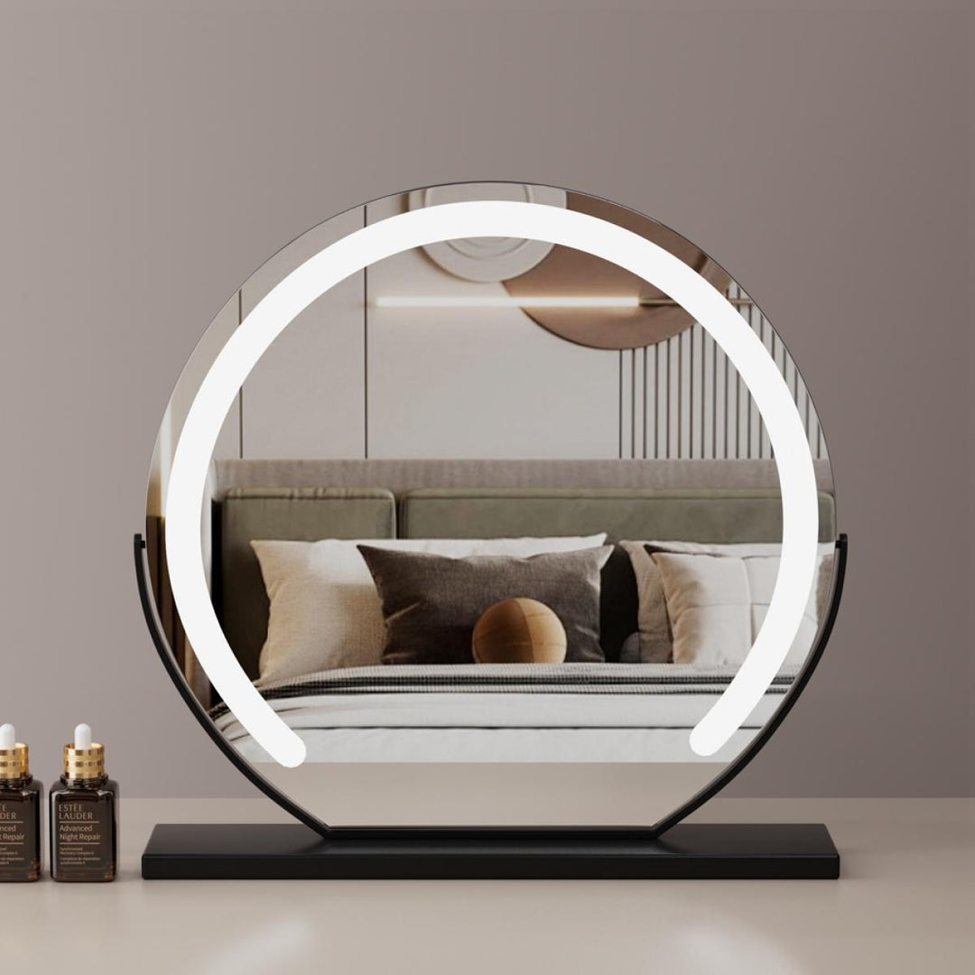 VibeCore LED Light-Up Vanity Mirror in black, extra-large size, featuring a sleek metal frame, adjustable LED lighting, and touch-sensitive controls.