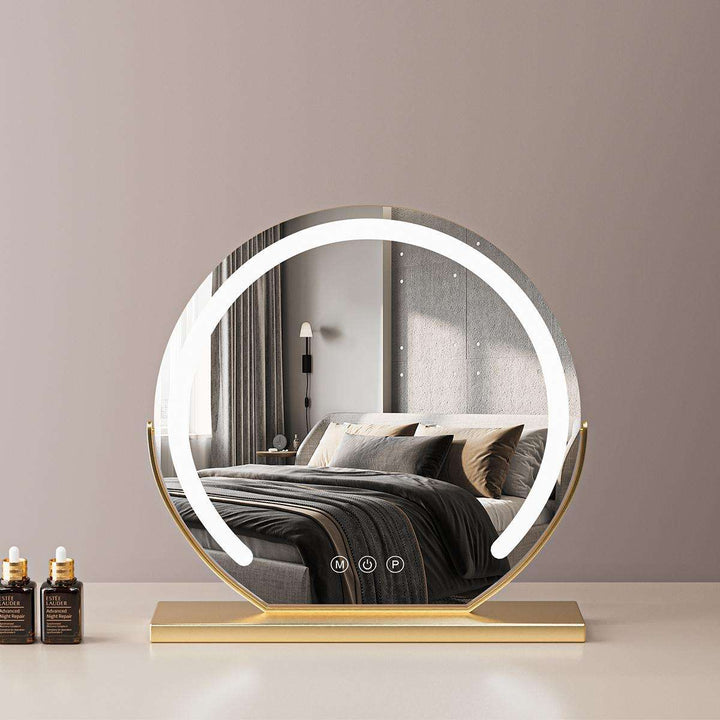 VibeCore LED Light-Up Vanity Mirror in gold, large size, with a stylish metal frame, adjustable LED lighting, and touch-sensitive controls.