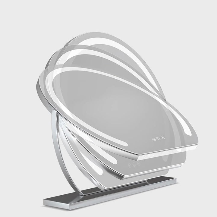 VibeCore LED Light-Up Vanity Mirror showcasing its 360° rotating feature, allowing easy angle adjustments for a perfect view during makeup application.