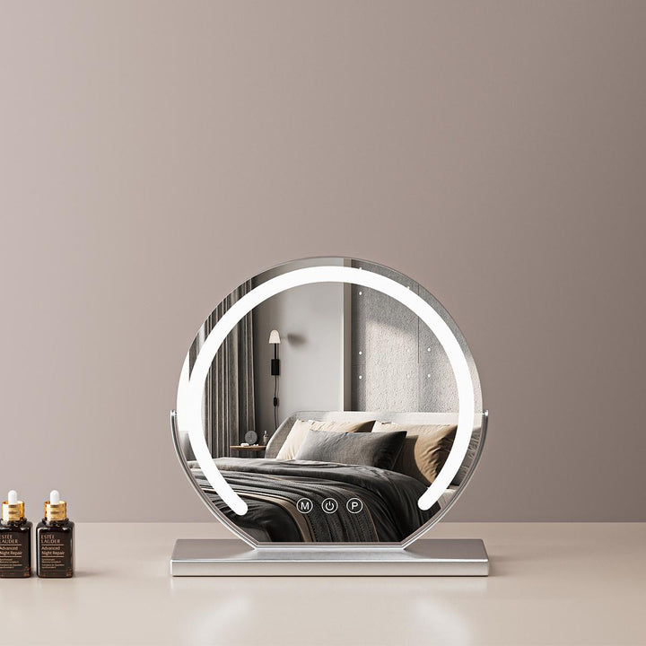 VibeCore LED Light-Up Vanity Mirror in silver, medium size, with a sleek metal frame, touch-sensitive controls, and adjustable LED lighting for perfect makeup application.