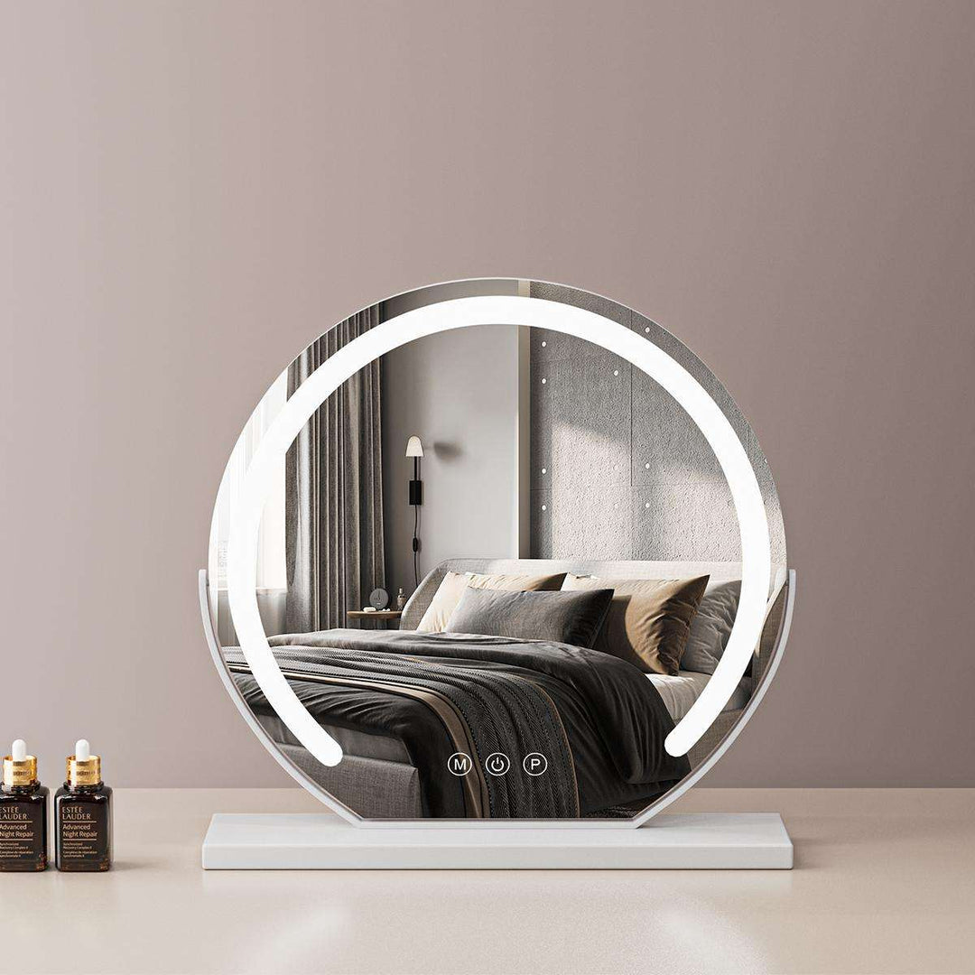 VibeCore LED Light-Up Vanity Mirror in white, large size, with a sleek metal frame, built-in LED light strip, and touch-sensitive control for adjustable brightness.