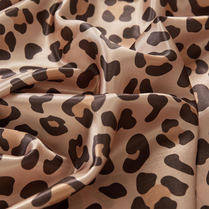 VibeCore Leopard Print Satin Sheet Set Brown Close Up
