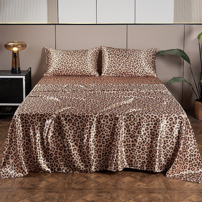 VibeCore Leopard Print Satin Sheet Set Brown Front View