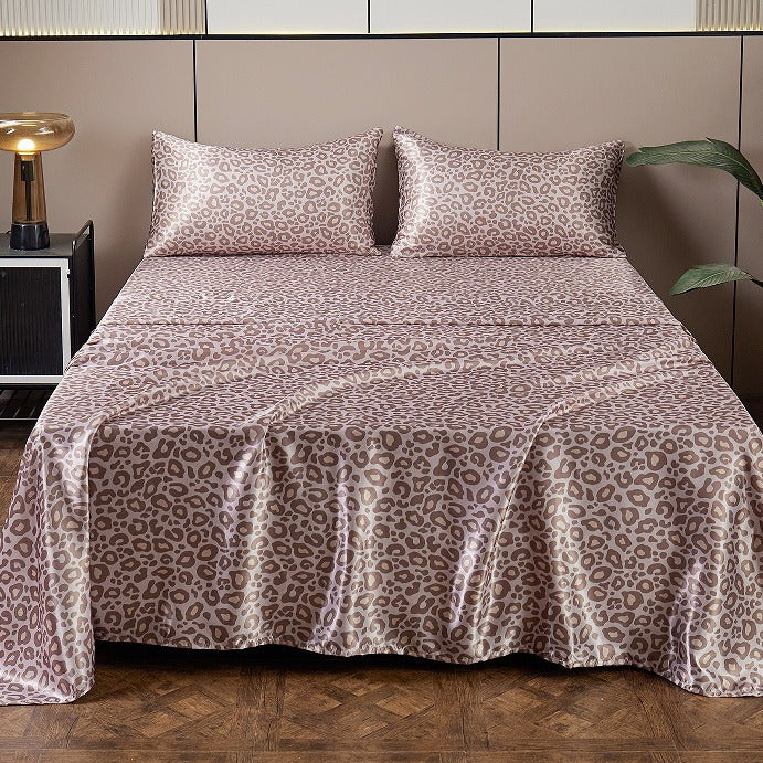 VibeCore Leopard Print Satin Sheet Set Rose Front View