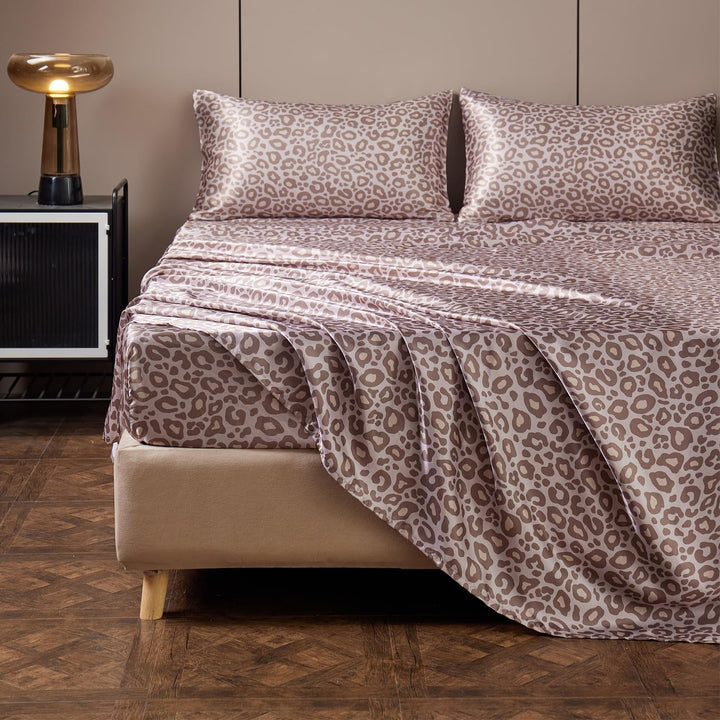 VibeCore Leopard Print Satin Sheet Set Rose Sheet Tucked In