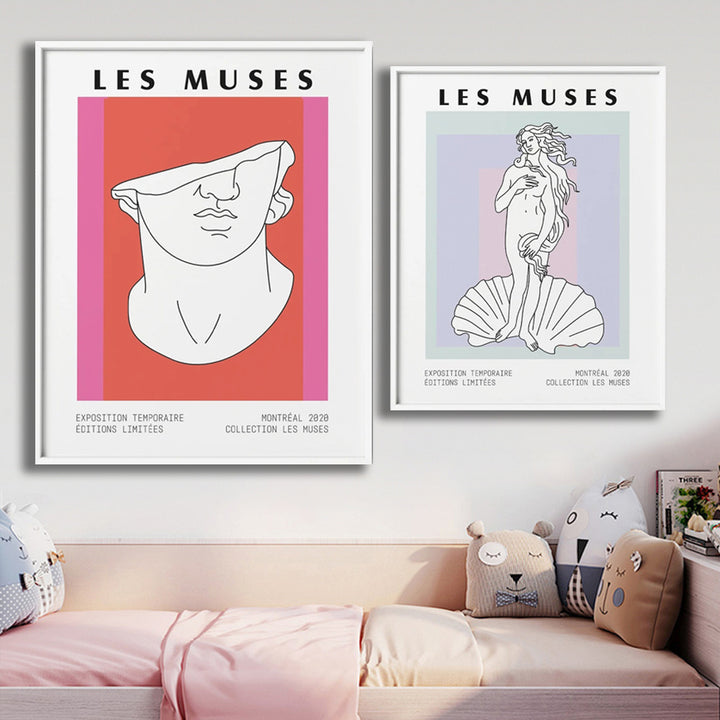 VibeCore Les Muses Canvas Prints Option B and C Framed On Wall Above Bed