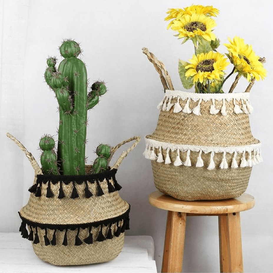VibeCore MALA Handmade Macrame Basket in black and white, showcasing its organic wicker and cotton weave with a stylish, eco-friendly design. Ideal for plants or storage.
