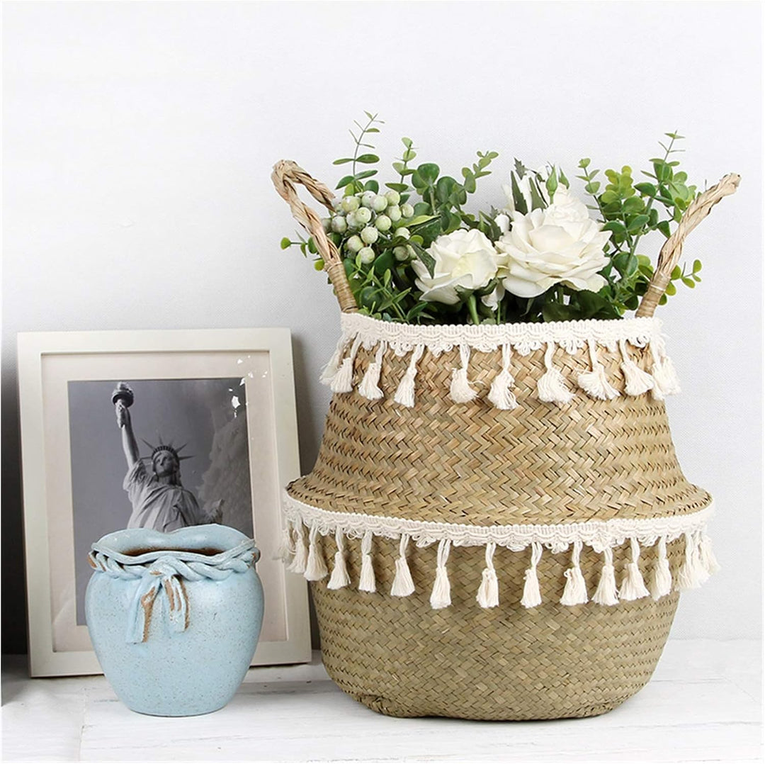 VibeCore MALA Handmade Macrame Basket in white, filled with flowers, showcasing its handwoven design with organic wicker and cotton, perfect for decorative storage or as a planter.
