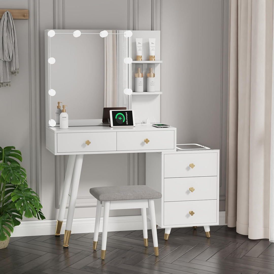 VibeCore MARGOT Hollywood Lights Makeup Vanity + Stool White
