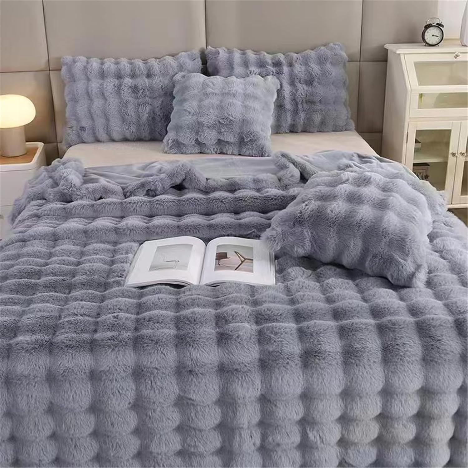 VibeCore Marshmallow Ultra Plush Blanket Gray Angled Top View, showcasing its soft tufted material.