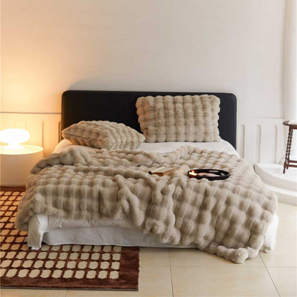 VibeCore Marshmallow Ultra Plush Blanket Khaki On Bed, demonstrating the aesthetic and soft blanket.