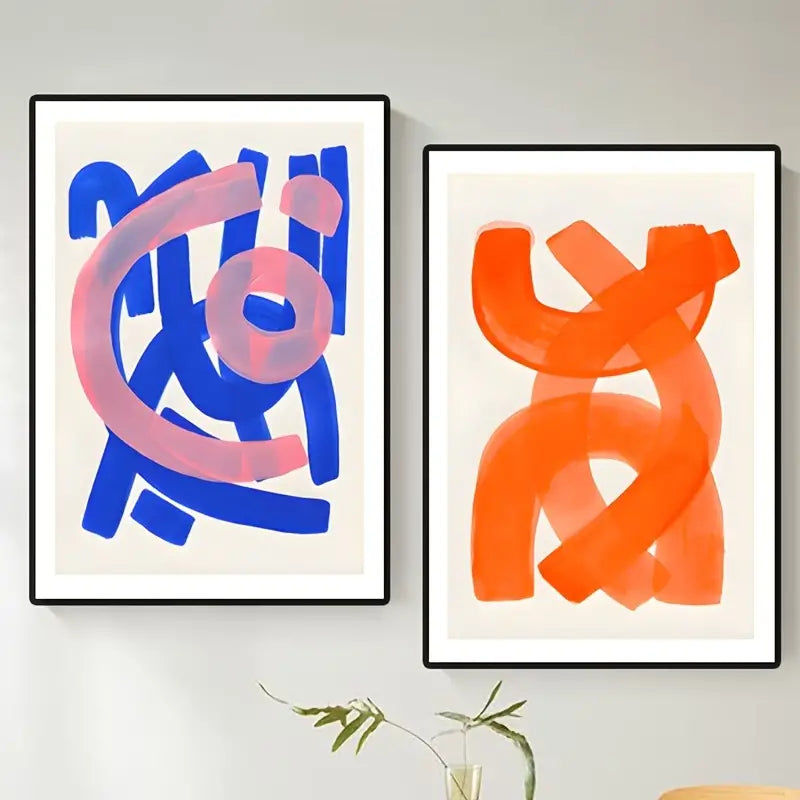 VibeCore Mid-Century Abstract Canvas Poster with orange and blue watercolor geometric shapes, adding a funky retro vibe to your space. Printed on premium cotton canvas with a semigloss finish for lasting vibrancy.