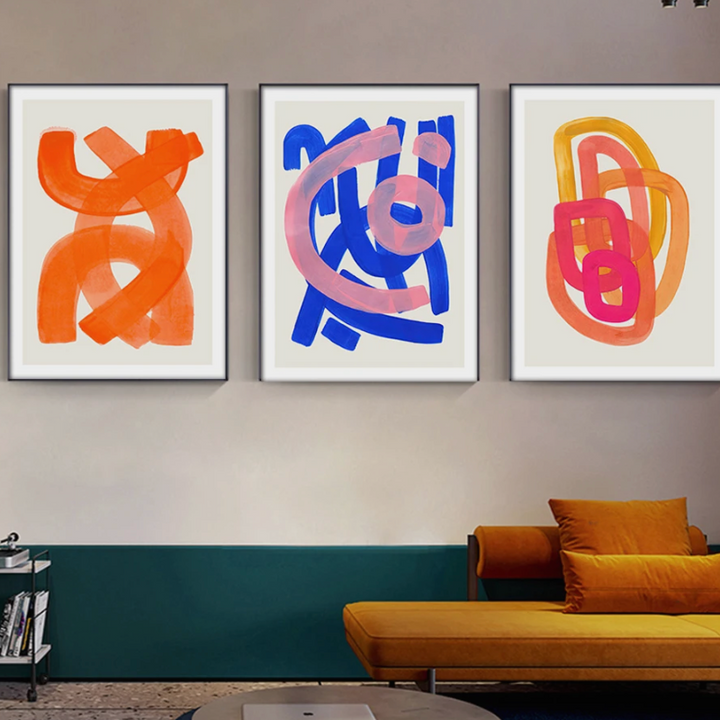 VibeCore Mid-Century Abstract Canvas Posters, showcasing 3 unique designs featuring watercolor geometric shapes in orange, blue, and black. These modern, funky retro prints add a pop of color and personality to any space, perfect for bedrooms, dorms, or apartments. Printed on premium cotton canvas with a semigloss finish for vibrant, long-lasting style.