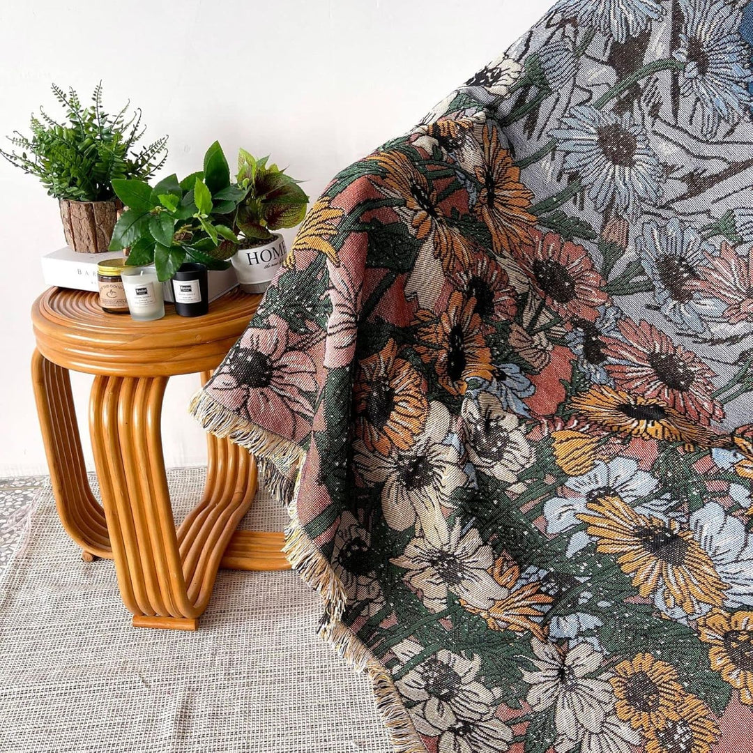 VibeCore Midnight Mountain Woven Blanket design close-up, highlighting a mountain-inspired pattern and detailed 100% combed cotton texture.