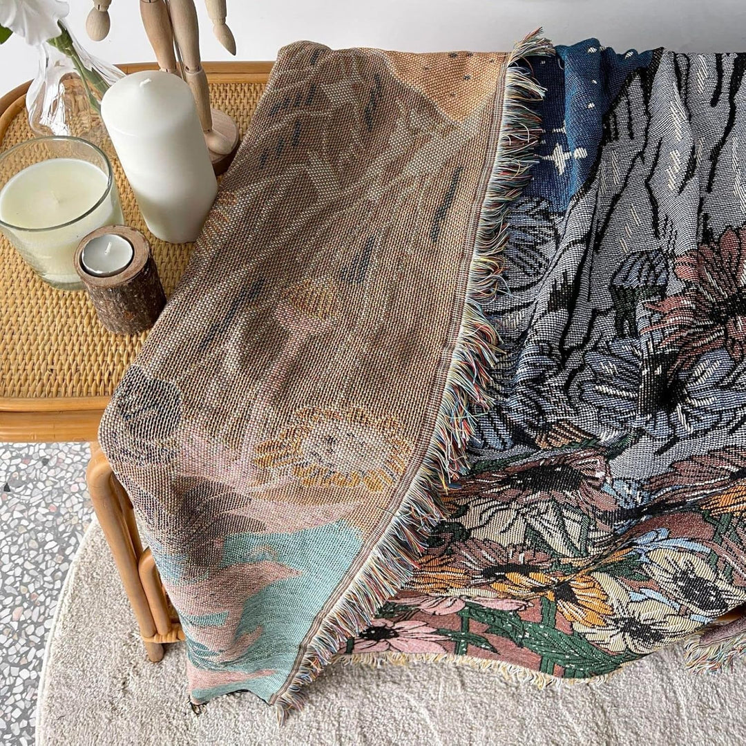 VibeCore Midnight Mountain Woven Blanket reversible design close-up, highlighting serene mountain patterns and soft 100% combed cotton texture.