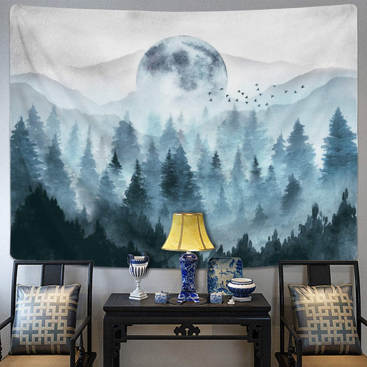 VibeCore Misty Forest Tapestry Behind Chairs