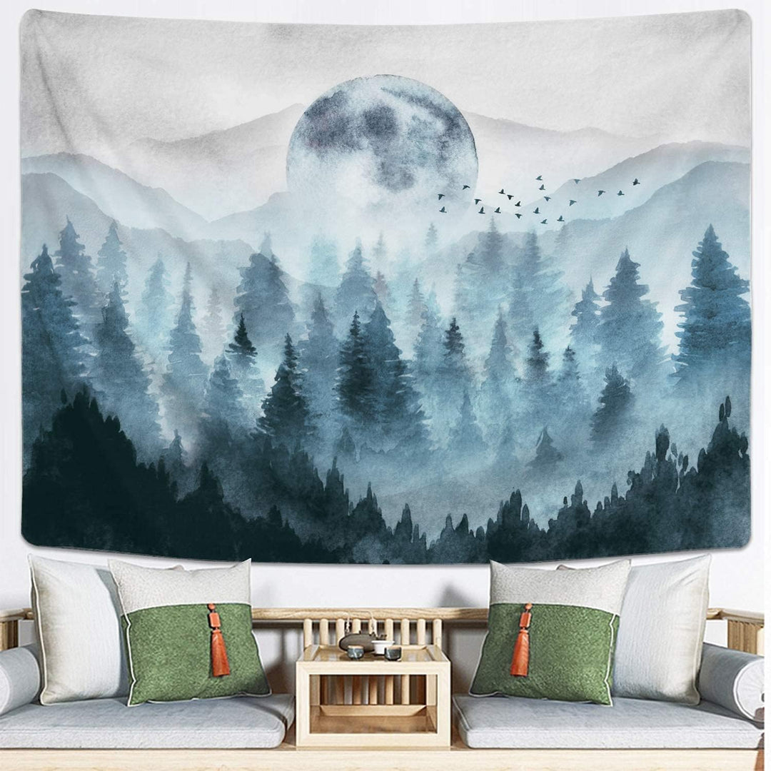 VibeCore Misty Forest Tapestry Behind Couch