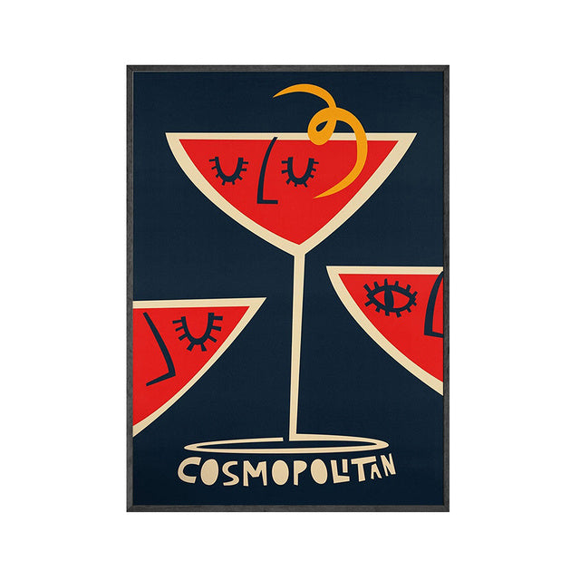 A vibrant "Modern Mixology Canvas Poster" featuring a pop art-inspired print of a Cosmopolitan cocktail. The design highlights bold colors and playful elements, making it a stylish addition to any home bar, kitchen, or living room. Perfect for cocktail lovers, this poster brings a trendy, energetic vibe to your space.